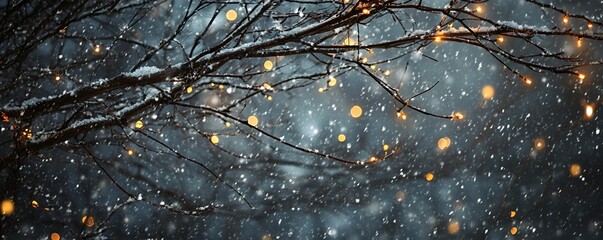 Christmas Lights On Tree Branches With Soft Snow Falling 