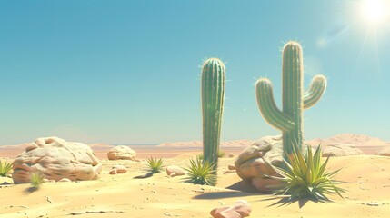 Two tall cacti grow in a desert landscape with large rocks, small plants, and a bright blue sky.