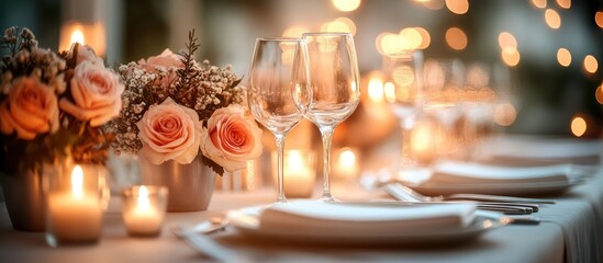 Fototapeta premium Romantic dinner table setting with candles, roses, and wine glasses.