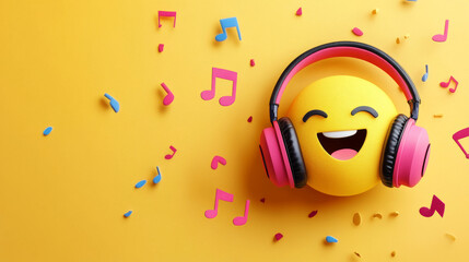 Fototapeta premium An emoticon emoji wearing headphones and listening to music or singing along. With musical notes
