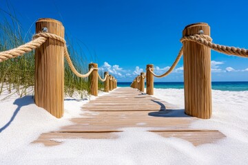 Naklejka premium A beach fence made of weathered wooden posts and rope, with sand dunes and seagrass swaying in the breeze