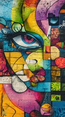Obraz premium colorful street art mural with chaotic patterns, symbolic representation of urban creativity and expression, surreal textured focus