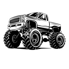 Monster truck with large wheels and elevated suspension, showcasing its rugged design and powerful presence. Monster Truck Vector Graphics Vector. Wheels Bigger Dreams Art Off Road in Illustration
