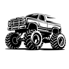 Monster truck with large wheels and elevated suspension, showcasing its rugged design and powerful presence. Monster Truck Vector Graphics Vector. Wheels Bigger Dreams Art Off Road in Illustration © StudioWorld