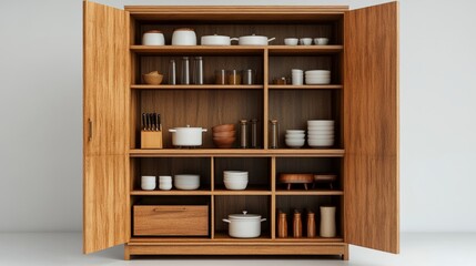 Modern wooden kitchen design in 3D, featuring an open wardrobe with shelves and ample storage spaces for a functional interior.