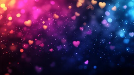 Glowing in the dark colorful heart shaped bokeh lights. Valentine's Day texture background, with copy space