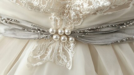 Close-up of ivory wedding dress detail; pearl and grey ribbon sash.