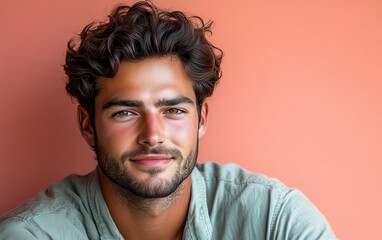 Obraz premium man with casual t-shirt is smiling at the camera, solid color background