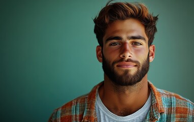 Obraz premium man with casual t-shirt is smiling at the camera, solid color background