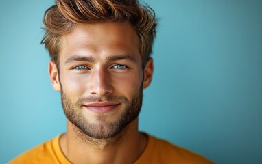 Fototapeta premium man with casual t-shirt is smiling at the camera, solid color background