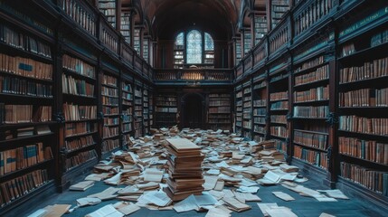 ancient library with grand bookshelves and scattered papers, symbolic representation of knowledge and mystery, cinematic artistic theme