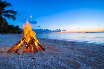 A bonfire on the beach, surrounded by friends laughing and playing music under the stars