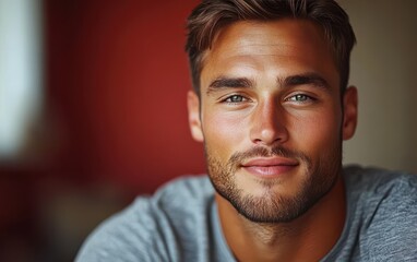 Fototapeta premium man with casual t-shirt is smiling at the camera, solid color background