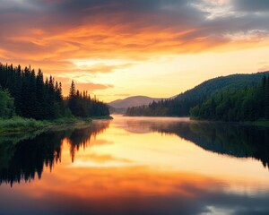 Fototapeta premium A beautiful sunset over a lake with trees in the background