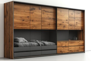 Modern minimalist bedroom with built-in wood and gray sliding door wardrobe, integrated bed, and drawers.