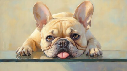A cute French Bulldog resting with its tongue out and big ears on a glass surface.