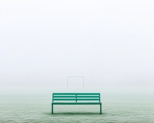 Minimalist Football Field in Mist Serene Morning with Green Bench and Goalpost