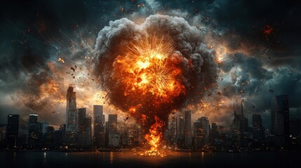Obraz premium A large explosion is depicted in the sky above a city