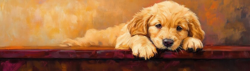 A cute golden retriever puppy resting its head on a table, exuding warmth and affection.