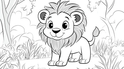 A cute cartoon lion cub with big eyes, ready to be colored in.