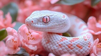 Obraz premium Pink snake coiled in pink flowers.