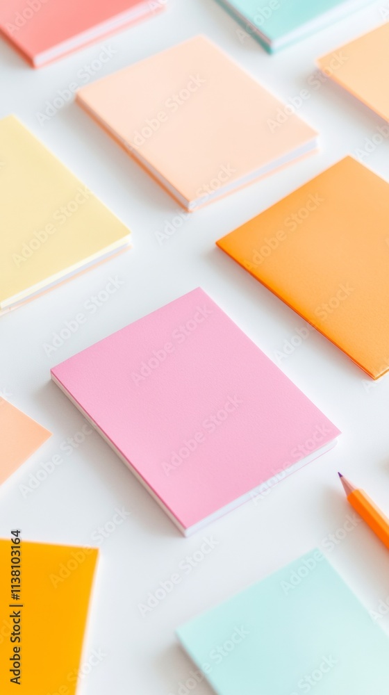 Poster Vibrant Array of Pastel Notebooks on White Desk