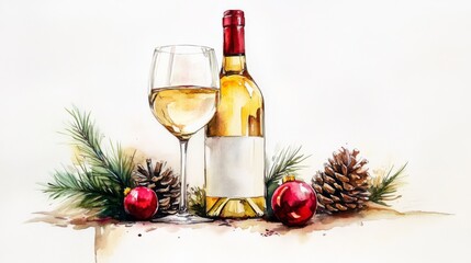 A delicate watercolor painting of a wine bottle and glass, with a small pinecone and red ornament beside them, plain white background, festive ambiance