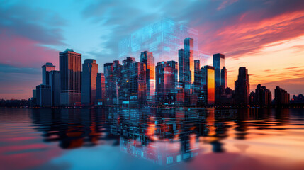 Fototapeta premium city skyline with digital overlays reflecting on water at sunset