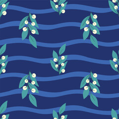 Winter plants on blue striped background, vector pattern design