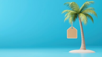Summer sale concept. A palm tree with a blank tag stands on a serene beach under a bright blue sky.