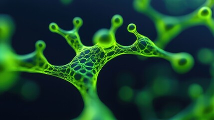 Fototapeta premium A close-up view of vibrant green cellular structures, showcasing intricate patterns and textures against a dark backdrop.