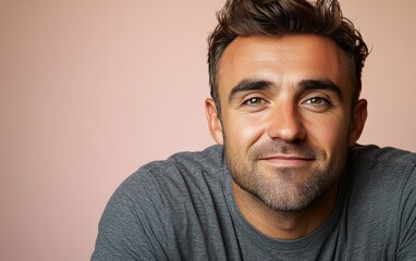 Fototapeta premium man with casual t-shirt is smiling at the camera, solid color background