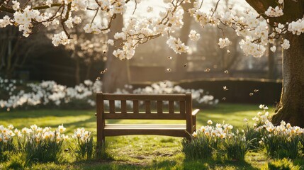 Serene Spring Garden Bench: Blossoms, Bees, and Tranquility
