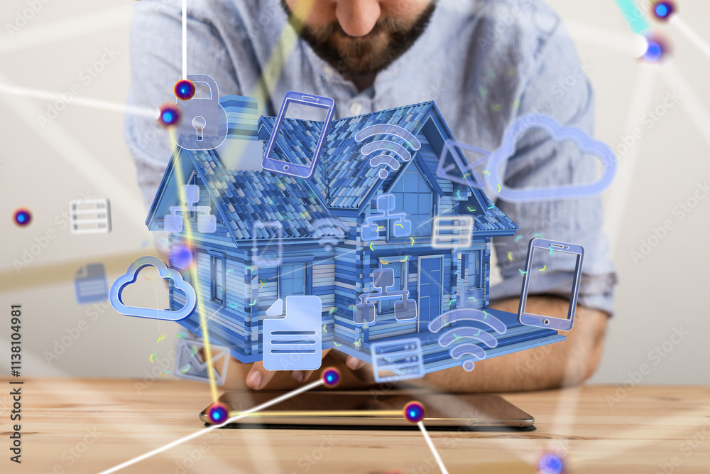 Poster home iot - Neural network 3D illustration. Big data and cybersecurity
