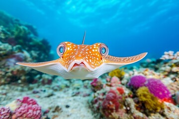 A close-up of a stingray swimming near the ocean floor, its smooth body blending with the sand and rocks below