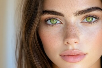 Fototapeta premium A close-up of a serene woman face illuminated by soft natural light, with delicate freckles and warm undertones