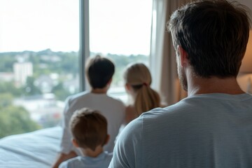 Fototapeta premium A family of four enjoys a moment together as they gaze out of a hotel window, cherishing the view and sharing an experience in a serene environment.