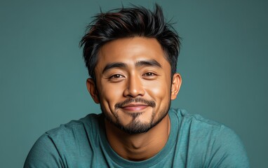 Fototapeta premium man with casual t-shirt is smiling at the camera, solid color background