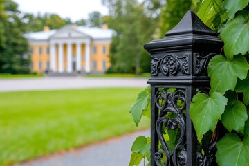 A close-up of a wrought iron fence with intricate patterns, partially covered in ivy, against the backdrop of a stately mansion