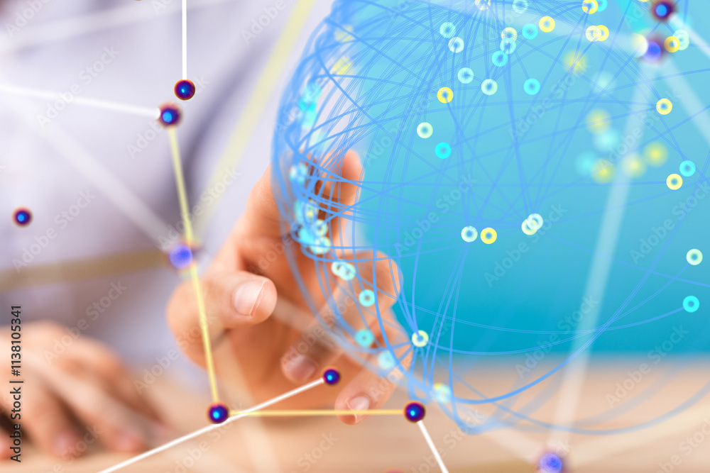 Aufkleber Global network. Blockchain. 3D illustration. Neural networks and artificial intelligence. Abstract