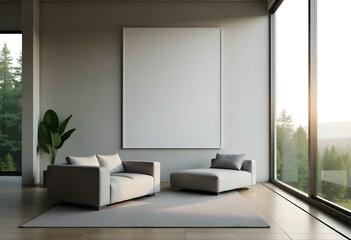 A modern living room with a large blank white frame on the wall, two gray sofas, and a rug on the floor. The room has a minimalist and clean design aesthetic