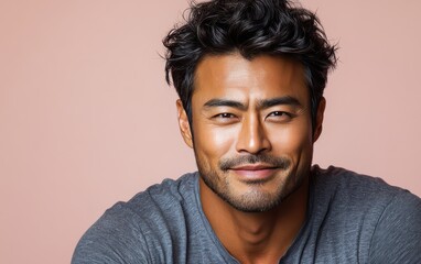 Obraz premium man with casual t-shirt is smiling at the camera, solid color background