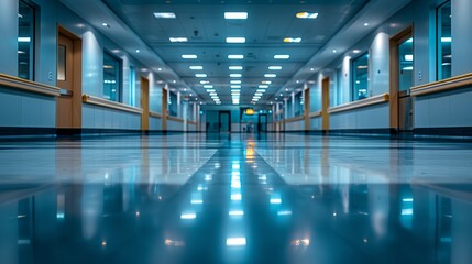 Obraz premium Long, lit corridor with reflective floor.