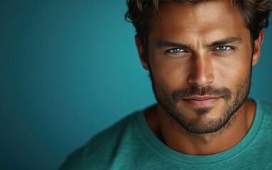 Obraz premium man with casual t-shirt is smiling at the camera, solid color background