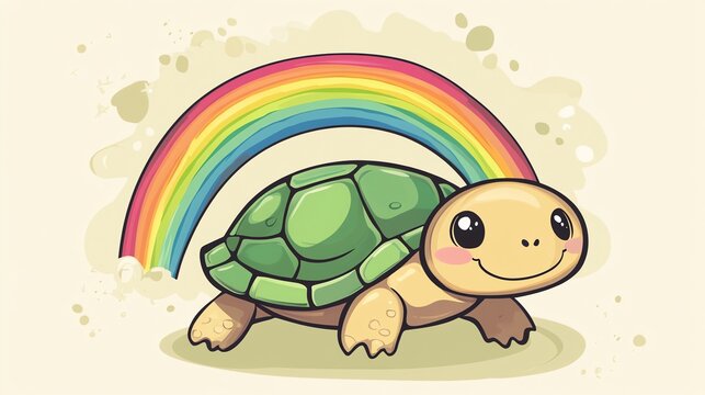 A cute cartoon turtle under a rainbow.