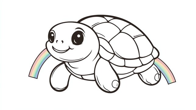 Cartoon illustration of a cute turtle with a rainbow behind it.
