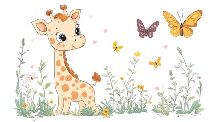 Naklejka premium A cute cartoon giraffe stands in a field of flowers and butterflies.