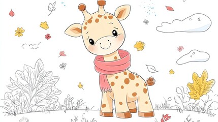 Obraz premium A cute cartoon giraffe wearing a scarf stands in an autumnal setting, ready to be colored in.
