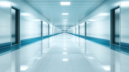 Long, well-lit, clean, blue hallway with doors on sides.