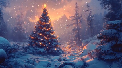 Christmas Tree In Snowy Forest With Glowing Ornaments